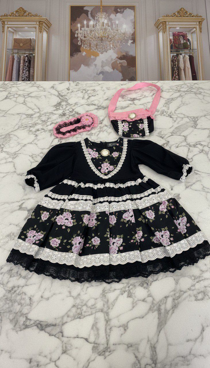 Siyah Çiçekli Bandana ve Çanta Kombinli Kız Çocuk Elbise | HC Kids