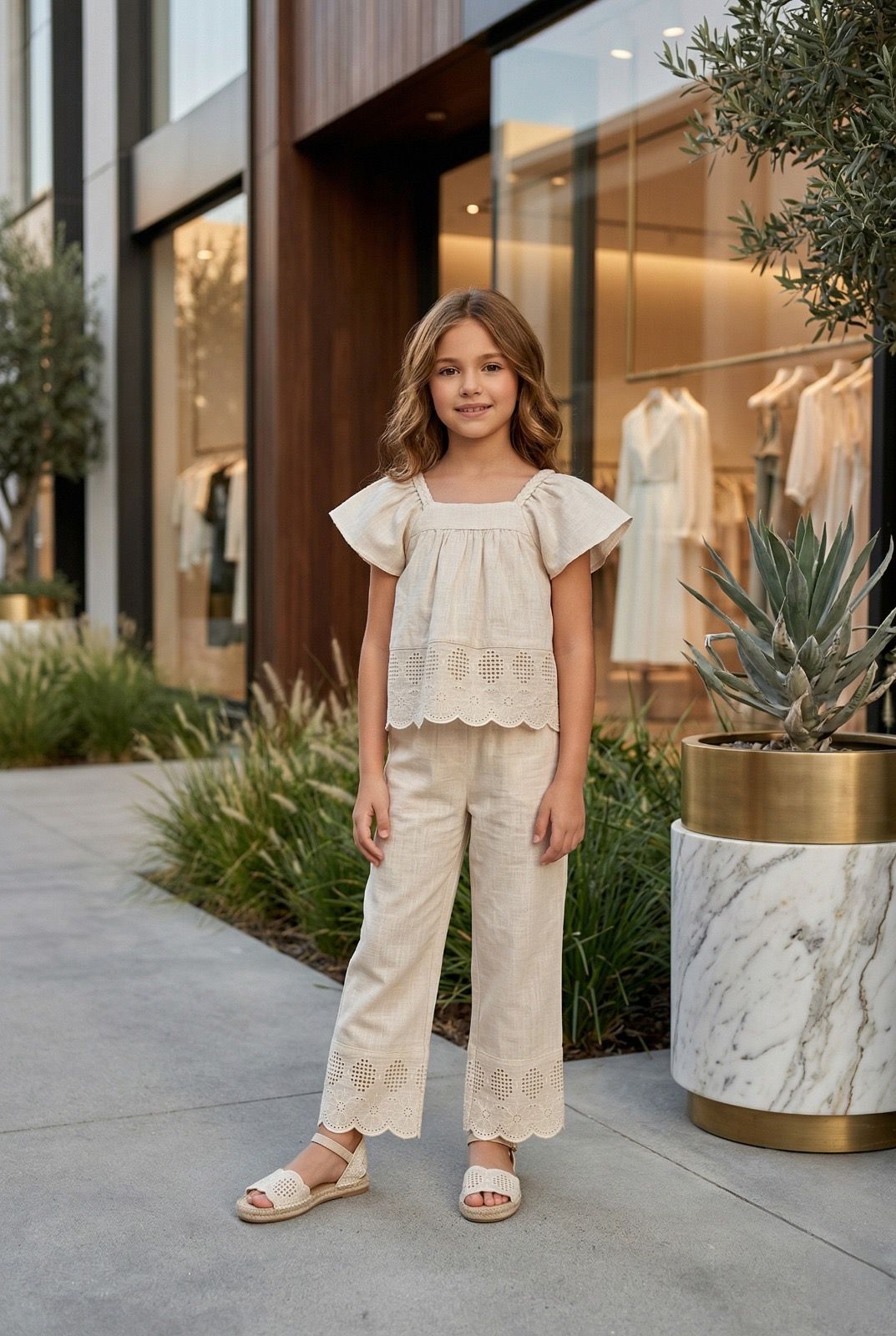 Dantel Detaylı Keten Kumaş Kız Çocuk Pantolon Takım | HC Kids