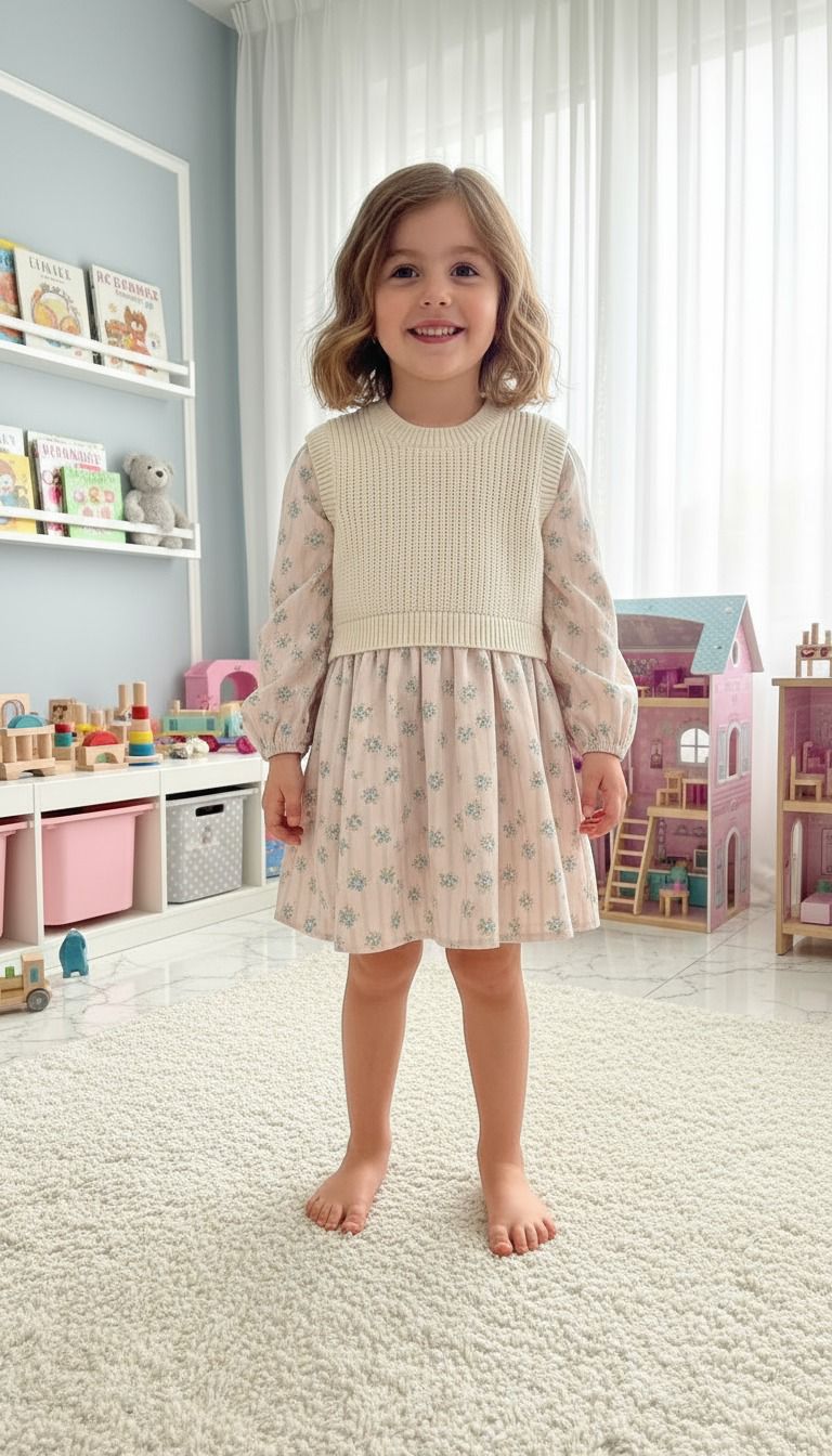 Krem Çiçek Baskılı Trikolu Kız Çocuk Elbise | HC Kids