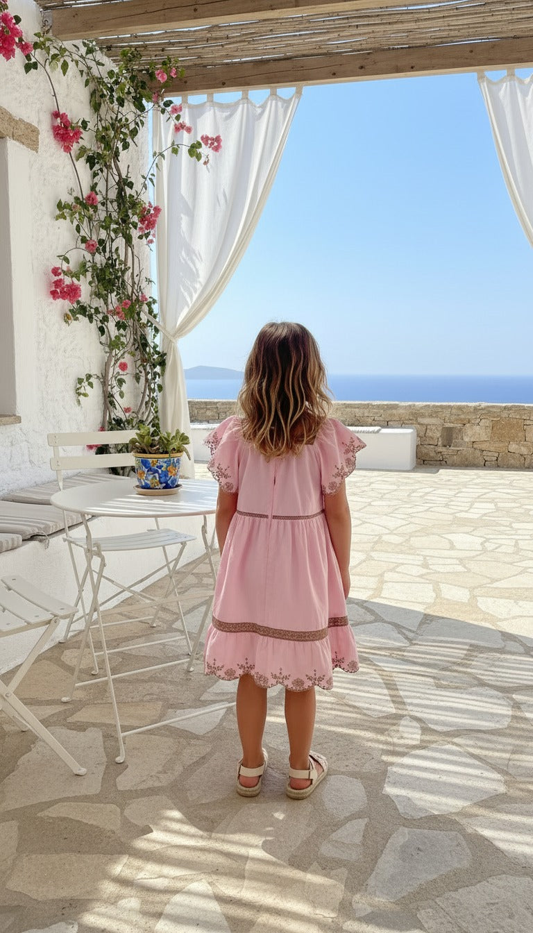 Pembe Nakışlı Keten Kız Çocuk Elbise | HC Kids