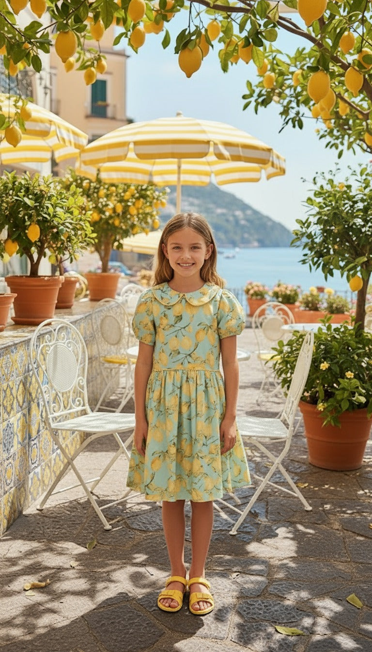 Limon Desenli Bebe Yakalı Fularlı Kız Çocuk Elbise | HC Kids