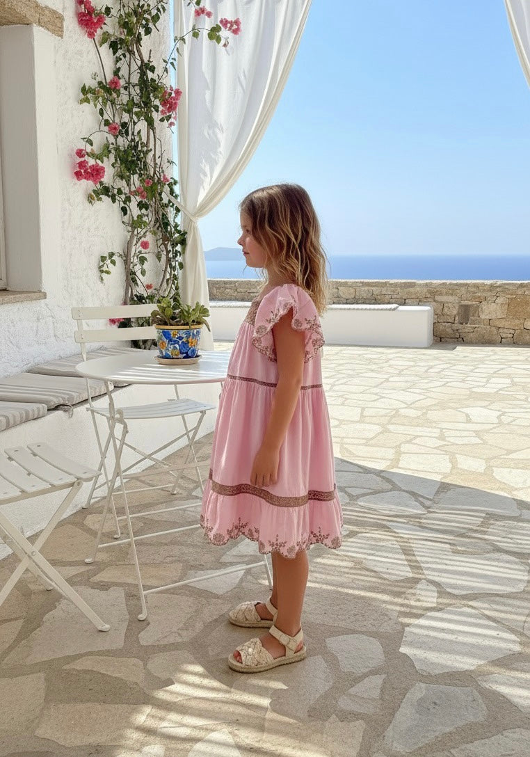 Pembe Nakışlı Keten Kız Çocuk Elbise | HC Kids