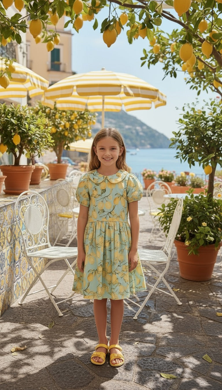 Limon Desenli Bebe Yakalı Fularlı Kız Çocuk Elbise | HC Kids