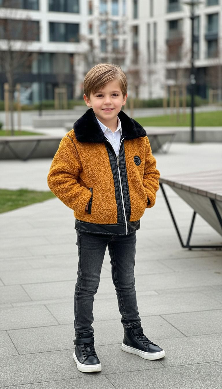 HC KİDS KÜRK YAKA DERİ DETAYLI ERKEK ÇOCUK PELÜŞ KABAN ORANGE