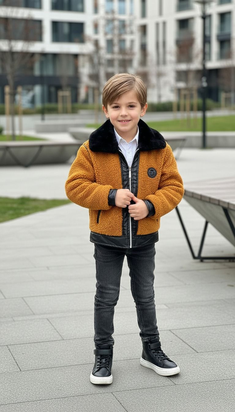 HC KİDS KÜRK YAKA DERİ DETAYLI ERKEK ÇOCUK PELÜŞ KABAN ORANGE