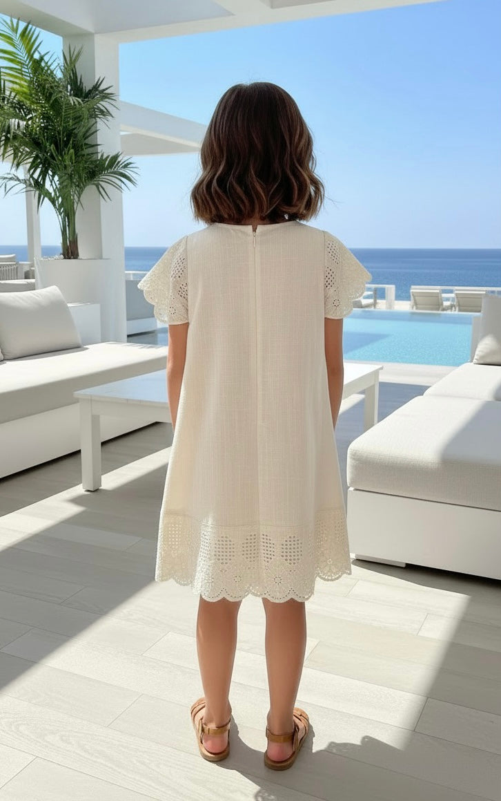 HC KİDS FİYONKLU KETEN KUMAŞ ELBİSE KREM