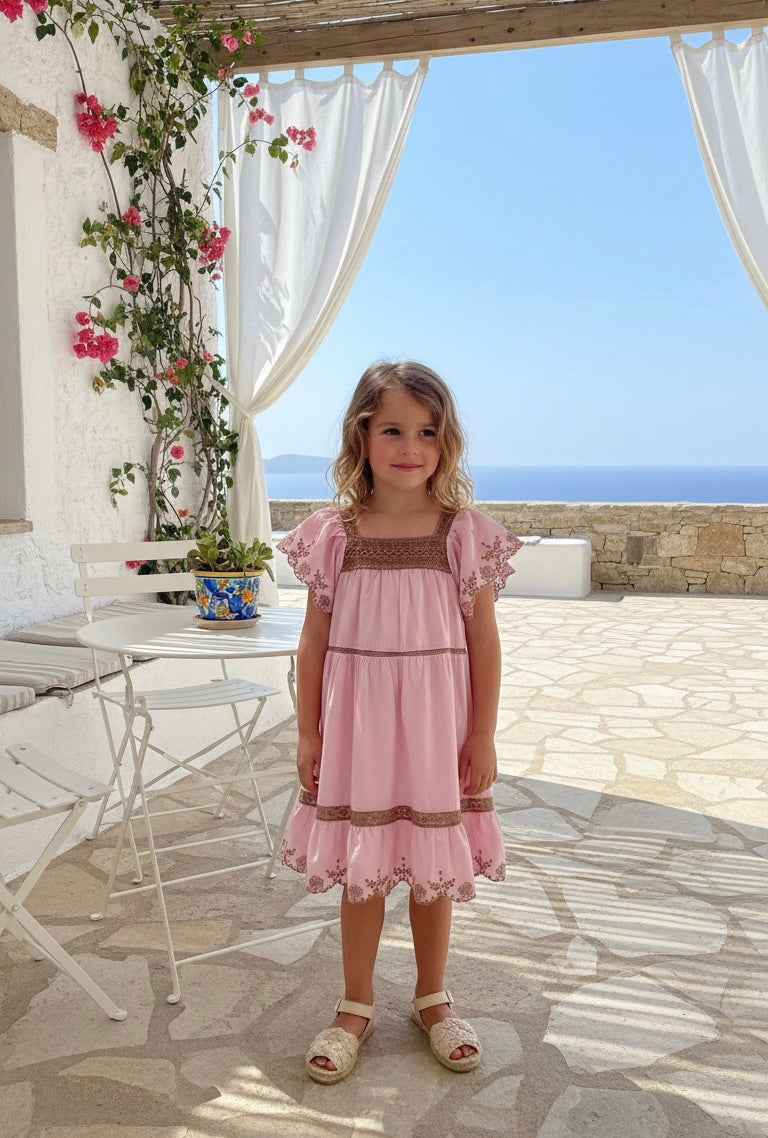 Pembe Nakışlı Keten Kız Çocuk Elbise | HC Kids