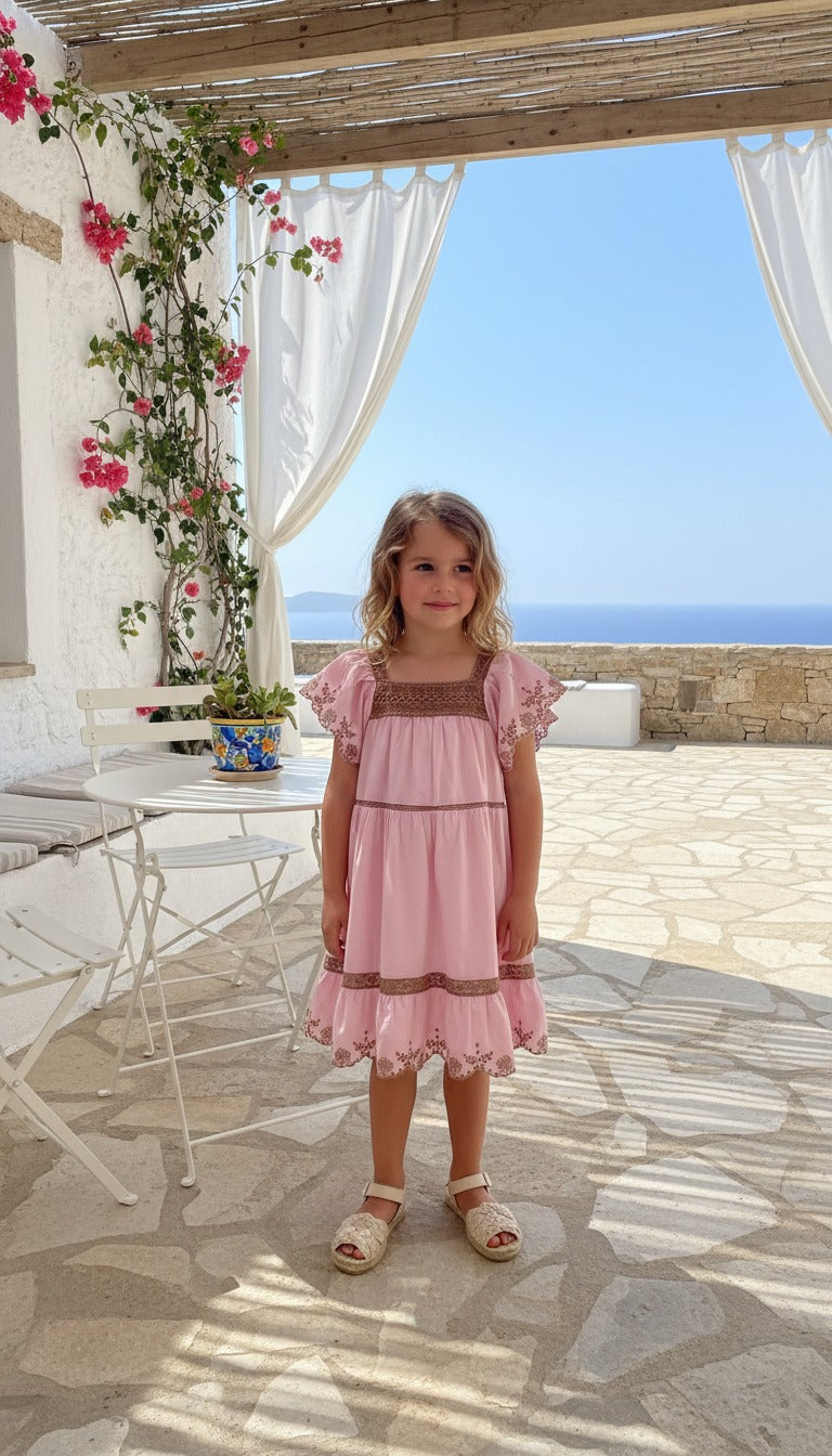 Pembe Nakışlı Keten Kız Çocuk Elbise | HC Kids