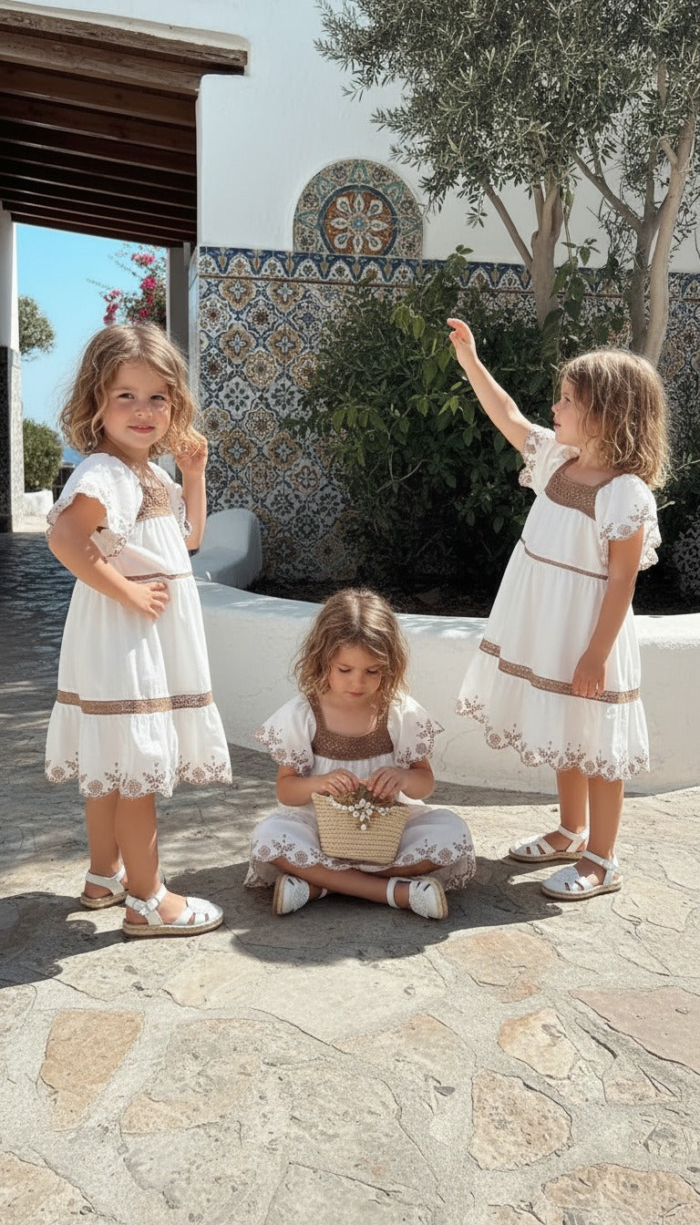 Beyaz Nakışlı Keten Kız Çocuk Elbise | HC Kids