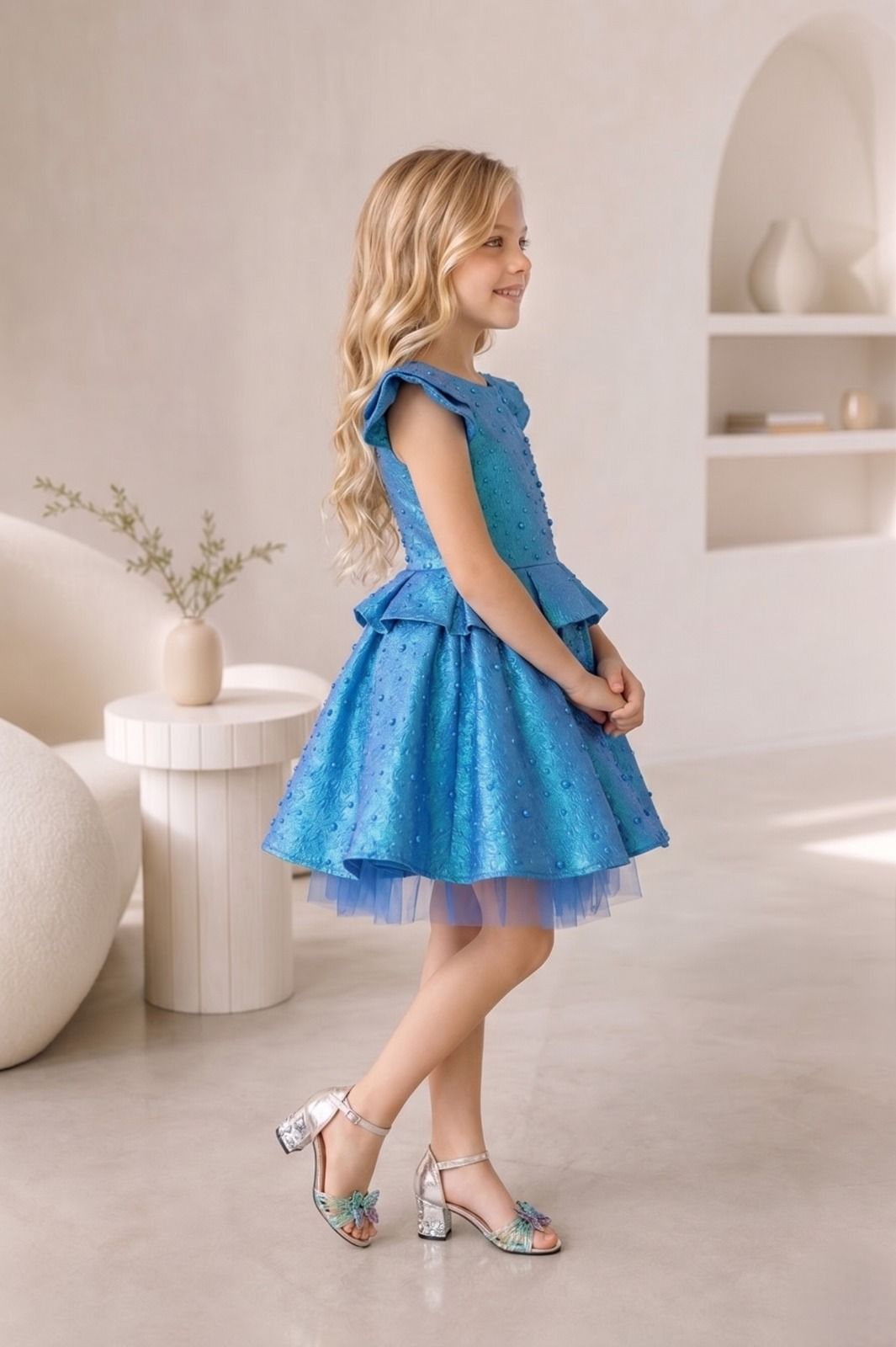 Saks Mavi Nokta Desenli Jakkarlı Kız Çocuk Elbise | HC Kids