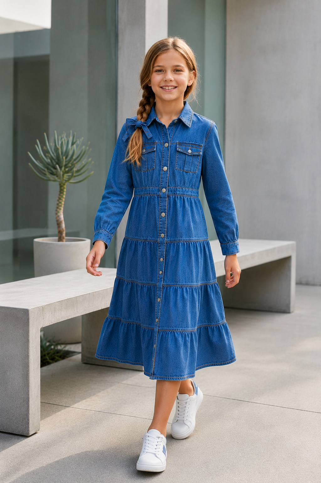 KAT KAT ETEKLİ, GÖMLEK YAKA KOT ELBİSE DENIM