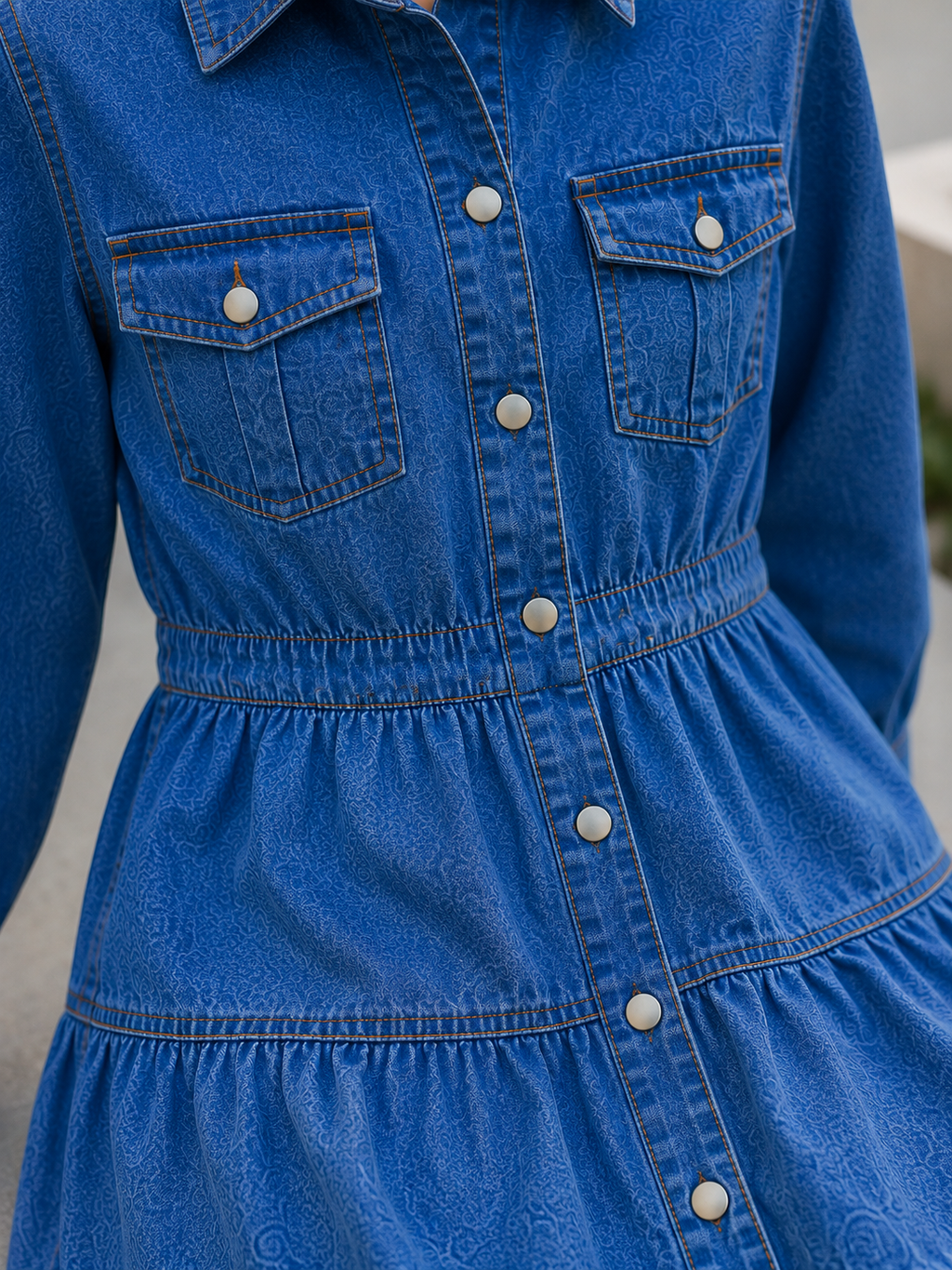 KAT KAT ETEKLİ, GÖMLEK YAKA KOT ELBİSE DENIM