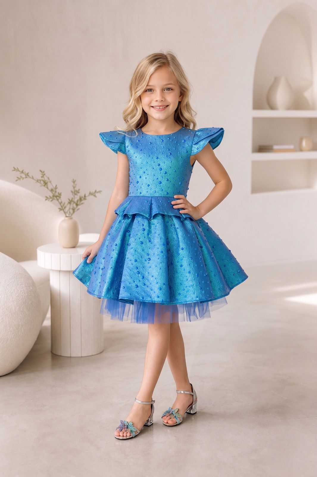 Saks Mavi Nokta Desenli Jakkarlı Kız Çocuk Elbise | HC Kids